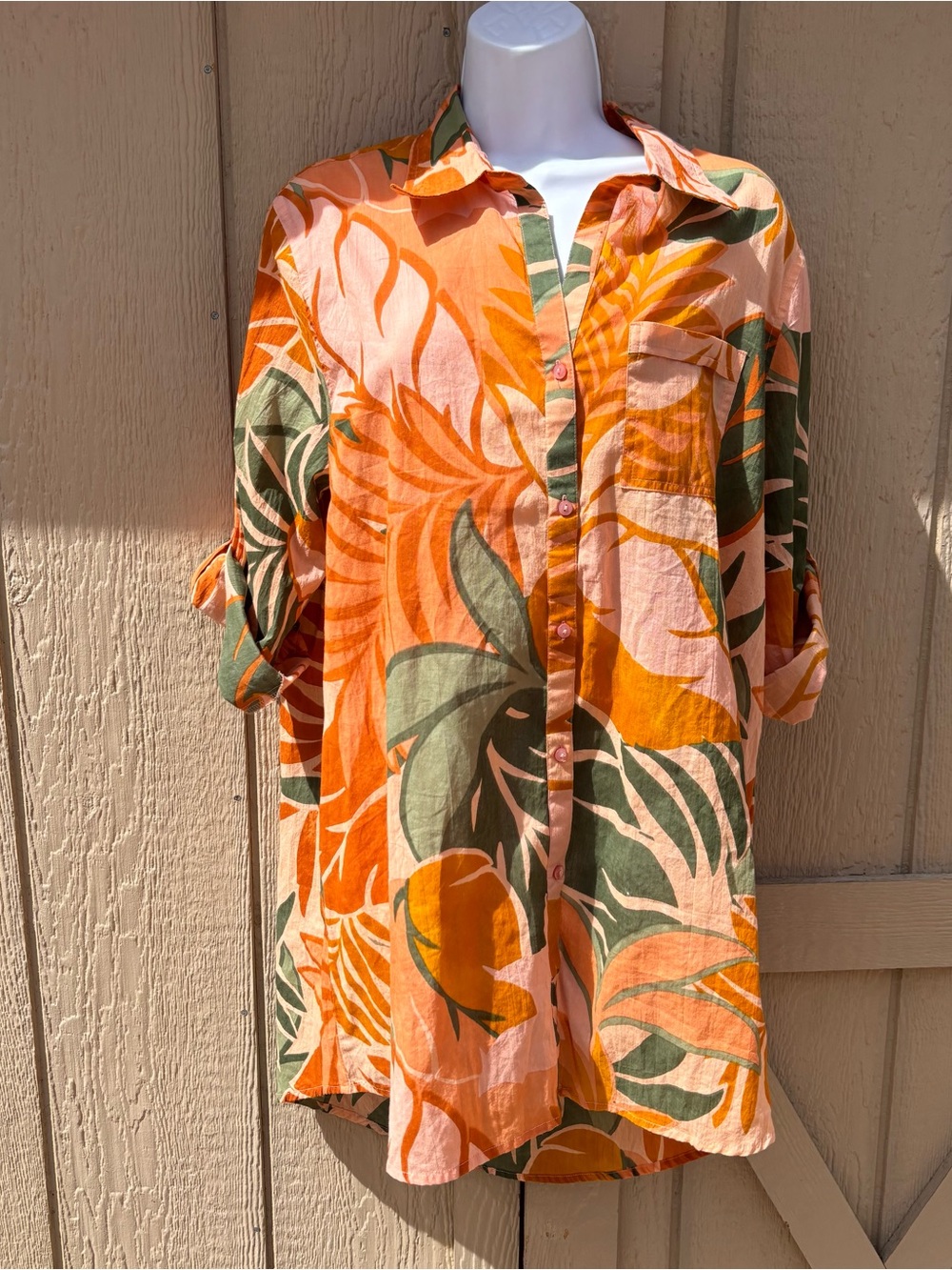 Casual Button-Front Tropical Print Blouse - Orange